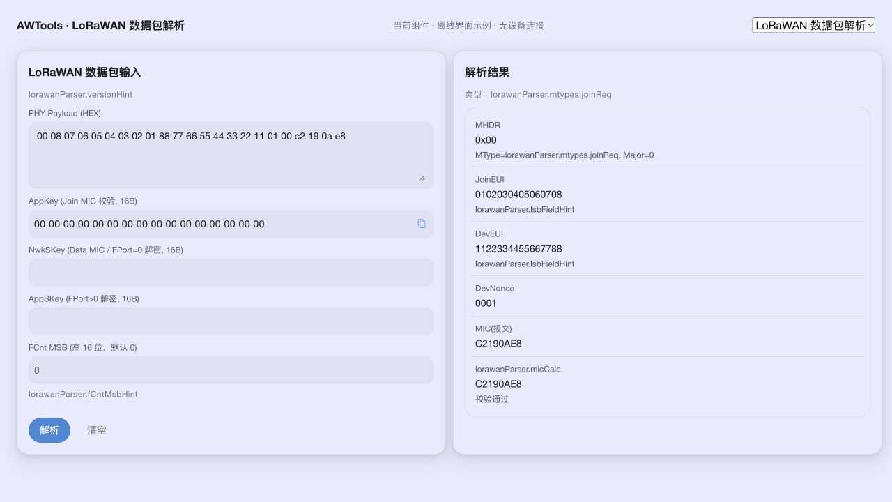 公开离线 Join Request 示例:演示身份和全零演示 AppKey,MIC 校验通过;不代表真实终端已入网。